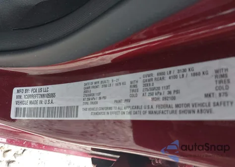 2022 Ram 1500 Big Horn/Lone Star z USA, uszkodzony, nr VIN 1C6RREFT7NN105065